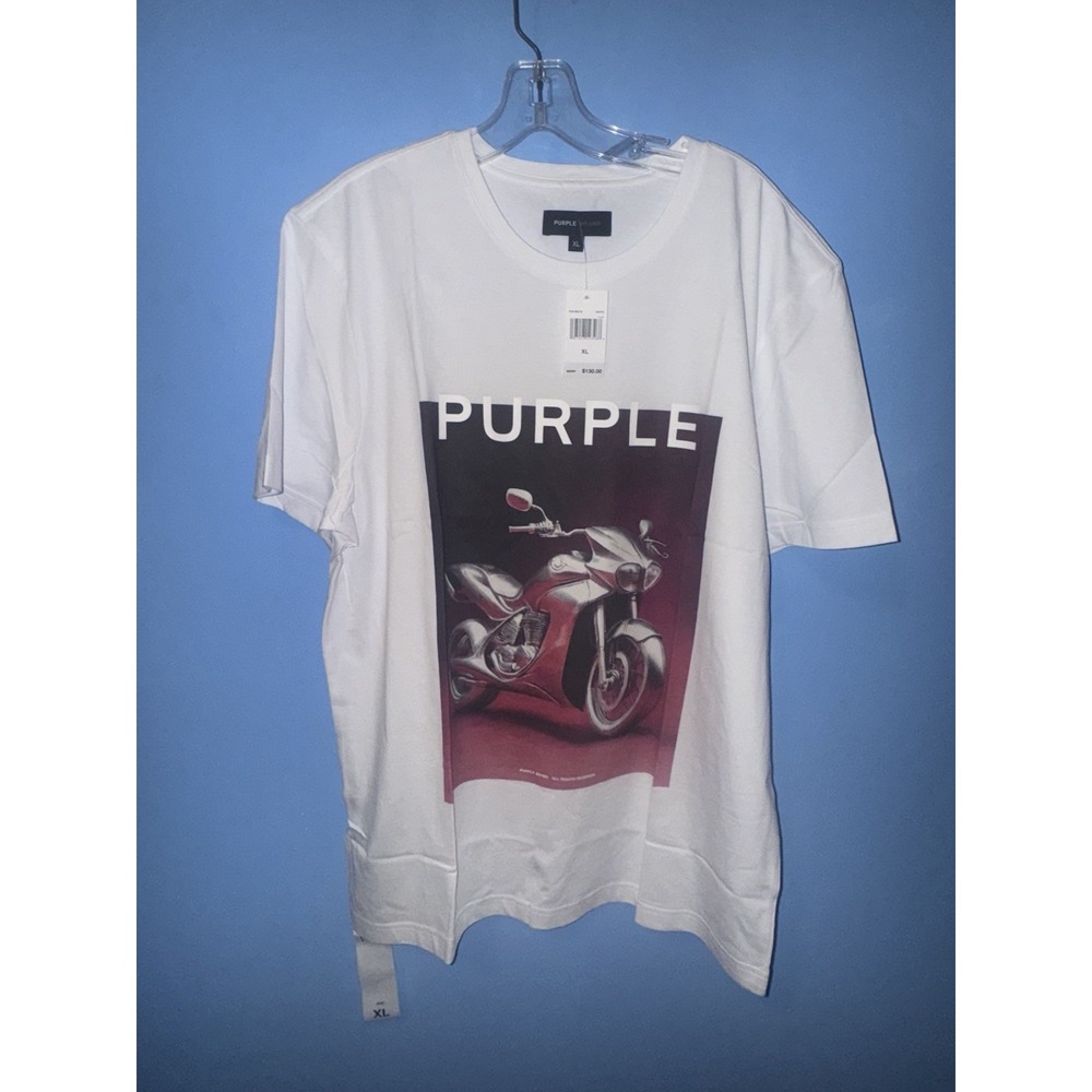 Purple Brand Mens White Graphic Motorcycle Logo Crew Neck T-Shirt XL P109-CBAC12